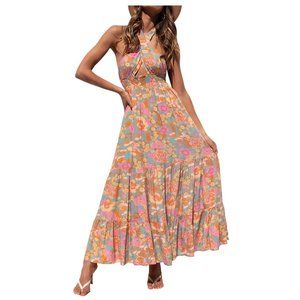 Tie-Up Halter Flower Print Maxi Dress - NWOT